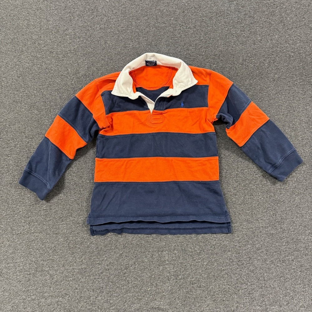 Kids Polo Ralph Lauren Rugby Shirt Boys 6 Orange Navy Good Striped Long Sleeve